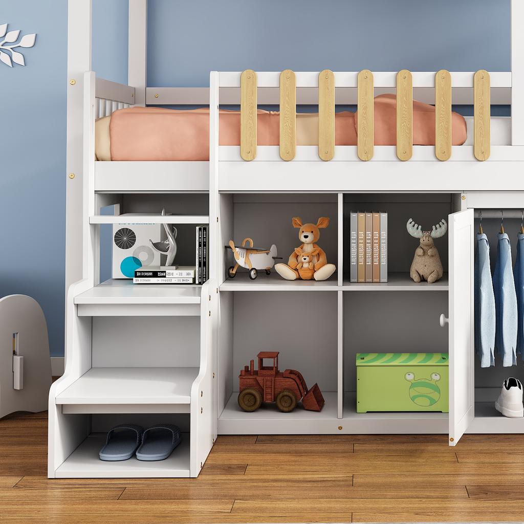 Paturi supraetajate, Spațiu de depozitare generos, Dulap, Fereastră, Cadru din pin, Dulap pentru pantofi, Trepte, Design minimalist, Balustradă stabilă, Alb+Natural, 90x200cm