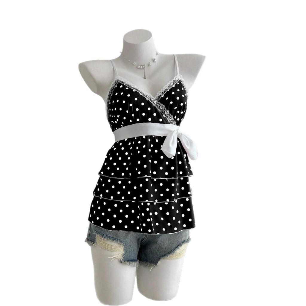 Women's Black & White Polka Dot Spaghetti Strap Lace Tank Top - Sweet & Spicy Spring/Summer Style