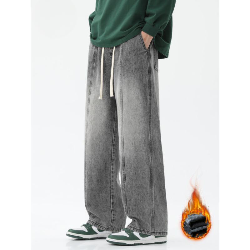 Plush Thick Jeans Men's Loose Straight Trousers with Winter Design