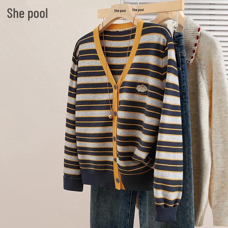 Women s Embroidered V-Neck Striped Knit Cardigan One Size