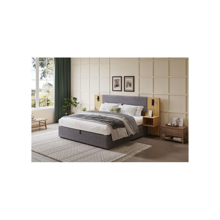 Lit rembourré 180 x 200 cm, lit hydraulique avec port USB, éclairé, tête de lit avec rangement, gris + naturel