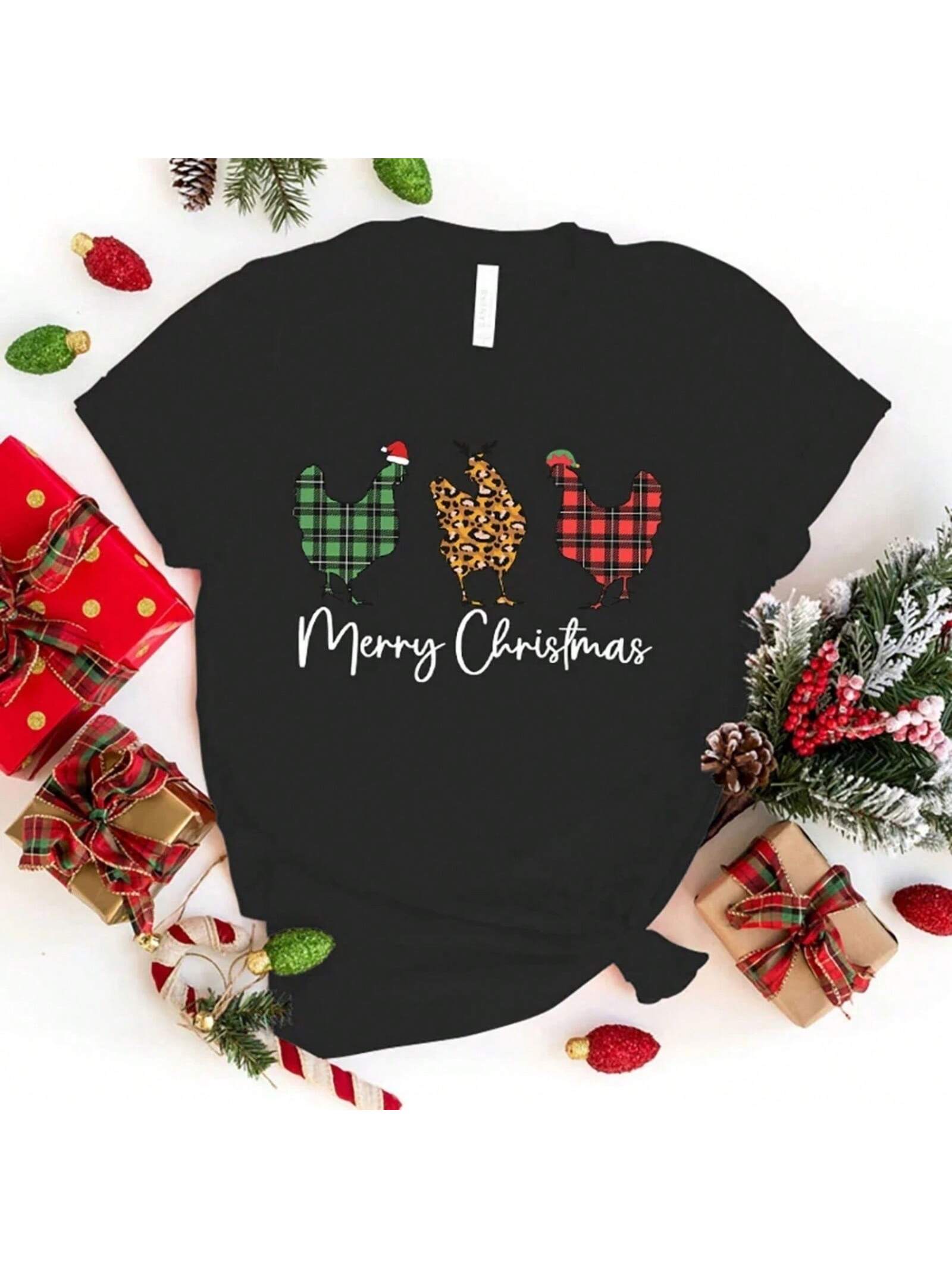 Funny Merry Christmas Chicken Printed Shirt Women S Casual Personality T-Shirt Unisex Summer Cute Merry Christmas Chicken T-Shir S разноцветный