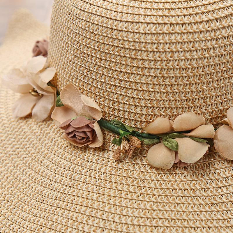 New Women's Hat with Large Waves and Flowers Beach Outdoor Sun Protection Straw Hat
