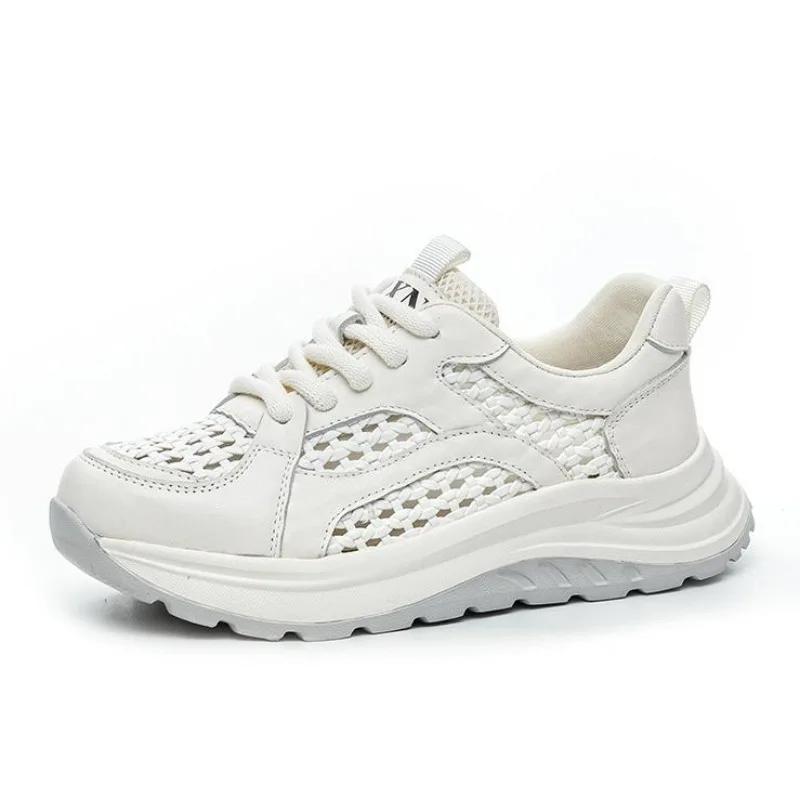 

Fashion 4.5CM Summer Woven Mesh Shoes Women Thick Sole Lace-Up Lightweight Breathable Genuine Leather Casual Sneakers 2025 Women Shoes 40 бежевый