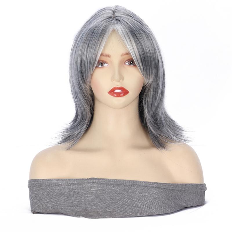 Synthetische Mittellange Perücke für Damen Bob-Frisuren Natürliche Salz- und Pfeffer-Perücke Damen-Mami-Perücken Cosplay-Party Hitzebeständig