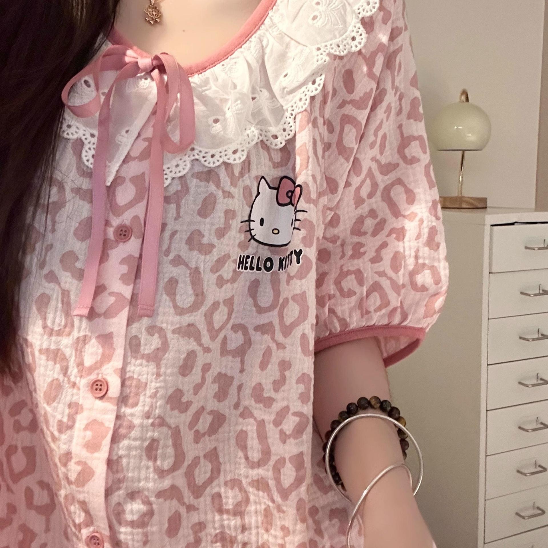 

ins style cute lace leopard print KT cat pajamas women s summer new short-sleeved shorts loungewear suit can be worn outside s recommended weight 35-40kg