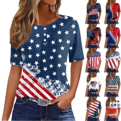 Women's T Shirt Tee Independence Day Print Button Short Sleeve Daily Weekend Fashion Basic Round Neck  Regular Top