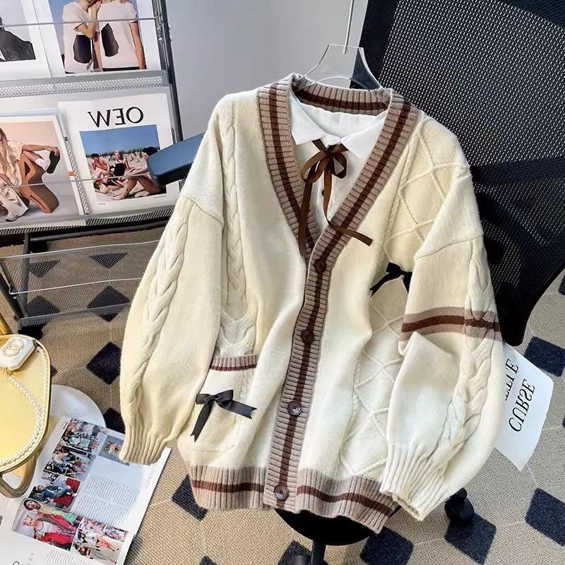 

Осень и зима розовый милый бант твист контрастный цвет V-образный вырез свитер куртка женская свободная ленивый стиль 48-282 (average size) хаки