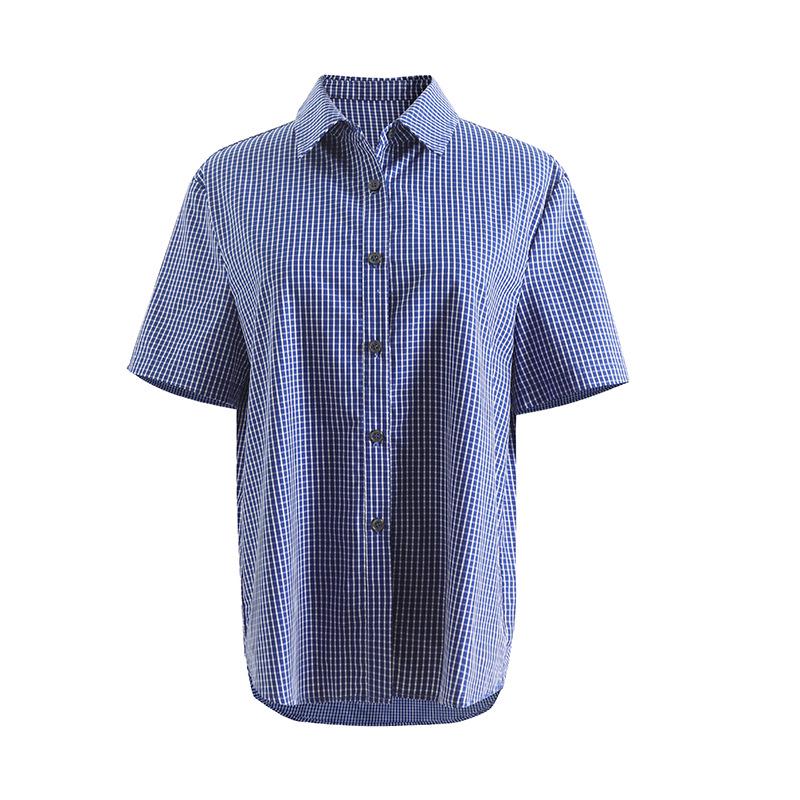 

Женская рубашка свободного покроя в стиле ретро в сине-белую клетку с коротким рукавом Large