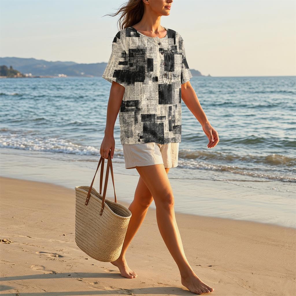 Damen Kurzarm Baumwoll-Leinenhemd mit Modischem Print Henley Knopfleiste und Brusttasche Lockerer Schnitt Lässiges Oberteil
