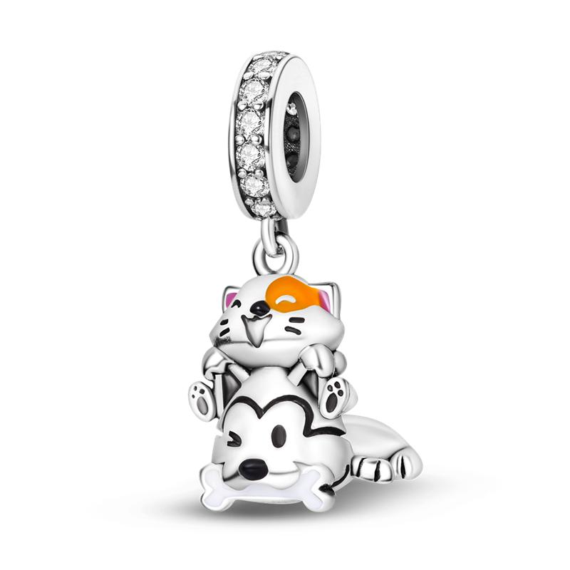 925 Sterling copper Cat and Dog Series Best Friend Pendant Fit 4MM hole diamete Bracelet Charms Bead Necklace DIY Female Zircon