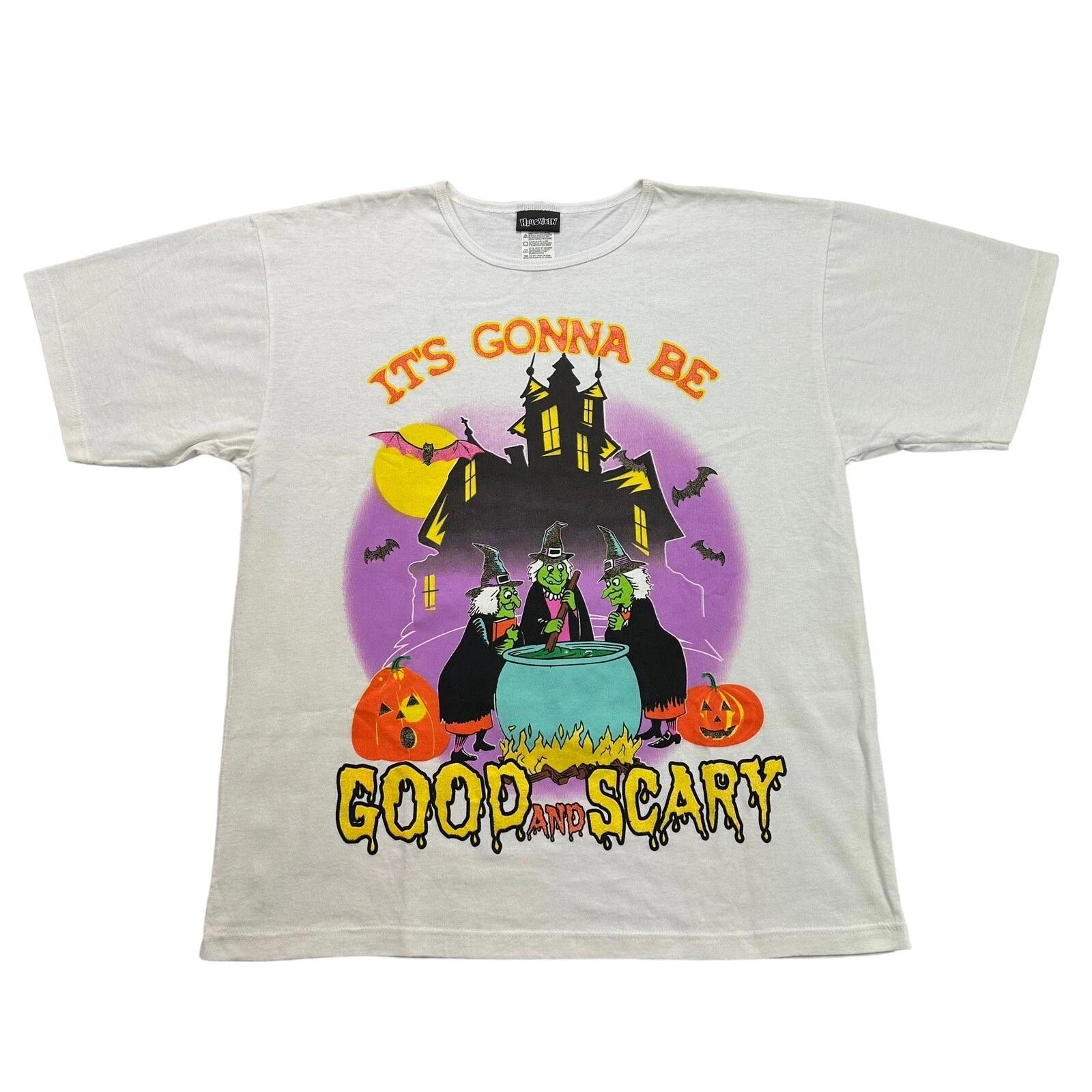 Halloween Shirt Adult Large L White Witches Good and Scary Pumpkins Short Sleeve M