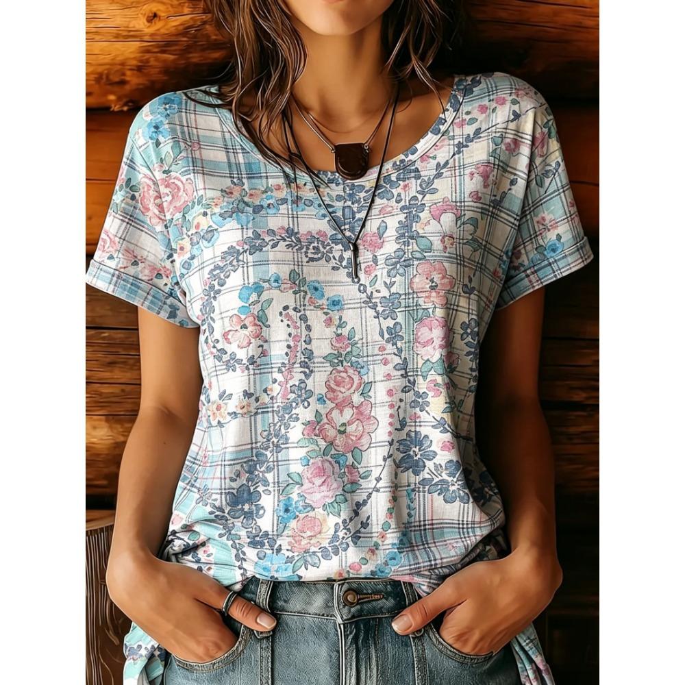 Women's Multicolor Floral Paisley Round Neck T-Shirt, Short Sleeve Casual Tops, Boho Daily Wear for Spring Summer
