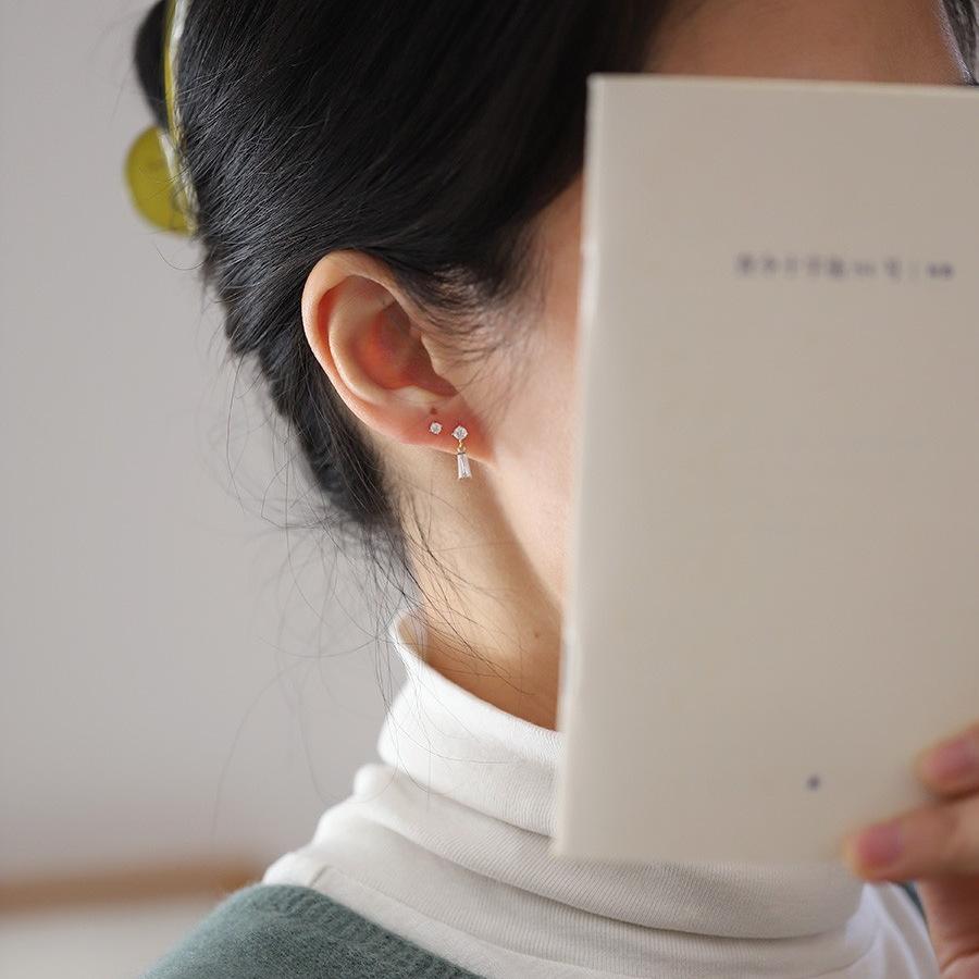 S925 Sterling Silver Zircon Trapezoidal Stud Earrings Women's Retro Mini Japanese Style Mild Luxury All-Match Court Earrings