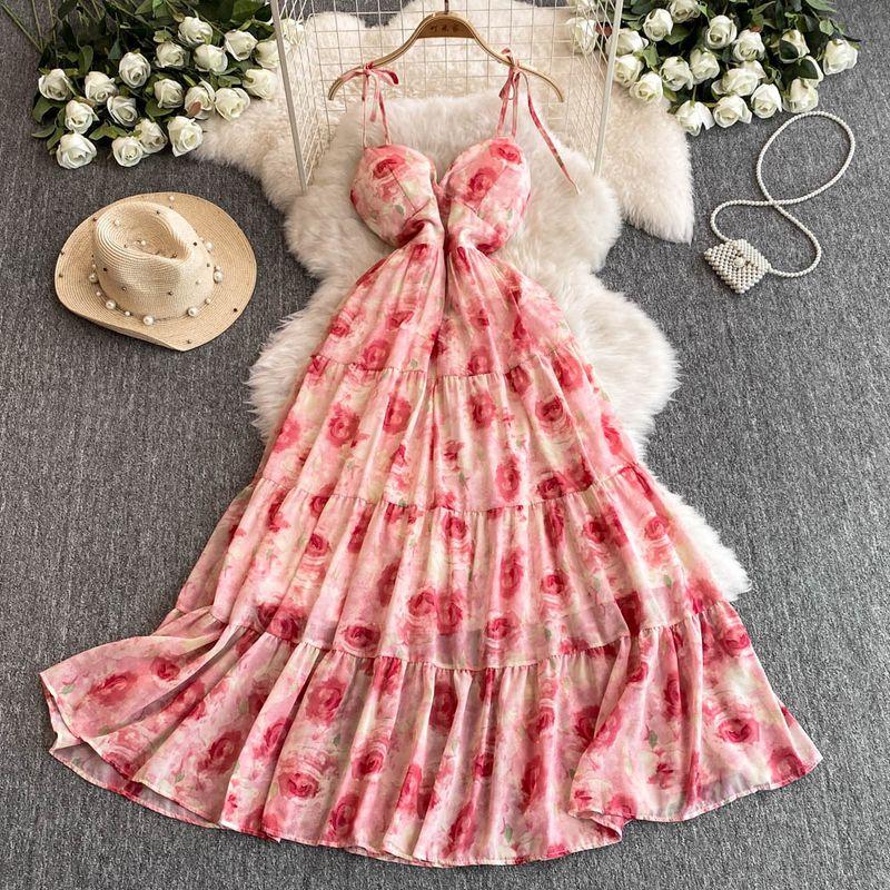 Sexy Cutout V-neck Strap Dress Women's Summer Vacation Wear Tight Waist Slimming Flounce Floral Chiffon Skirt