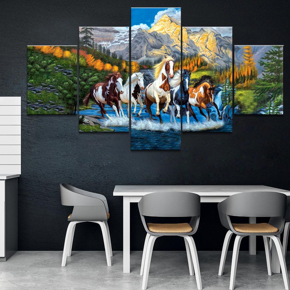 Home Decor Printed Modern Canvas Living Room HD Pictures 5 Panel Canvas Horse Running Landscape Modular Painting Wall Post No Frame