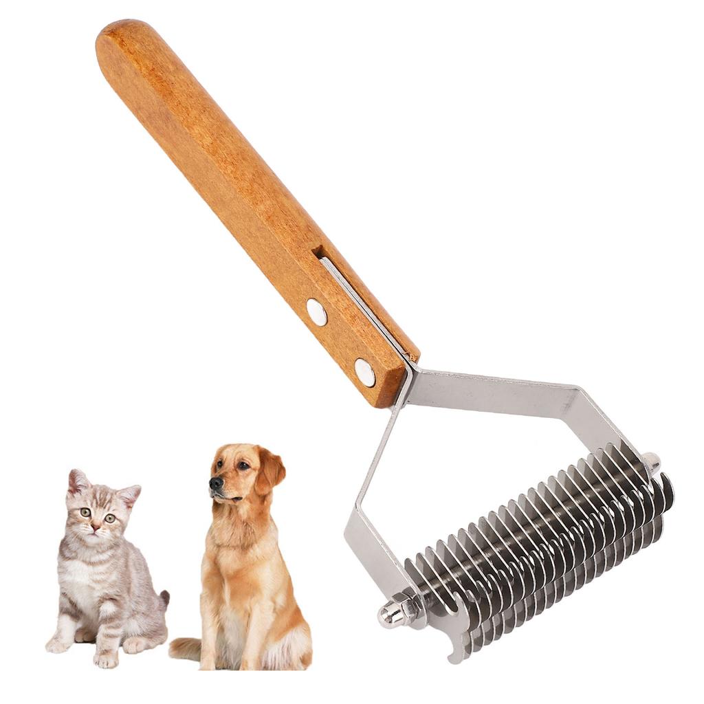 Pet Grooming Brush Stainless Steel Double Sided Dematting Deshedding Brush Dogs Shedding Tool with Wooden Handle