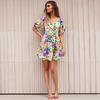 Women's Summer V-Neck Printed Beach Dress Lantern Sleeve Short Dresses