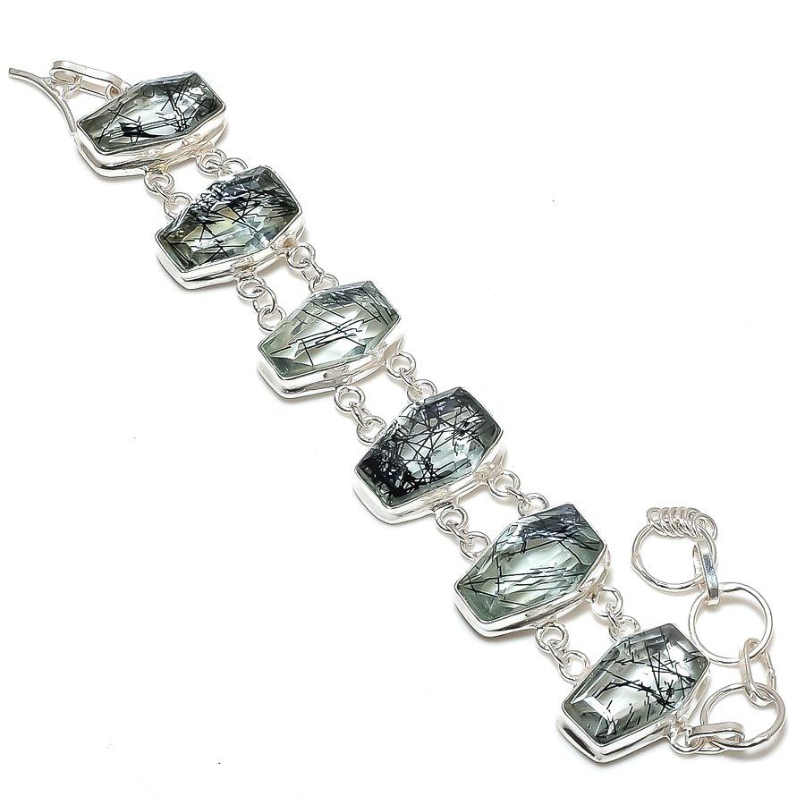 Natural Black Rutile Gemstone Handmade 925 Sterling Silver Bracelet 7-8" U8t79