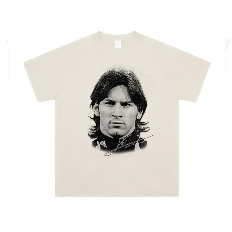 Summer Men's100% PureCotton Football Character Portrait Printed T-shirt Personalized Street Loose Round Neck Short Sleeved Shirt