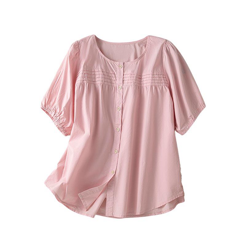 White Puff Sleeve A-line Top for Women - Korean Style, Summer 2026, Round Neck, Accordion Pleats