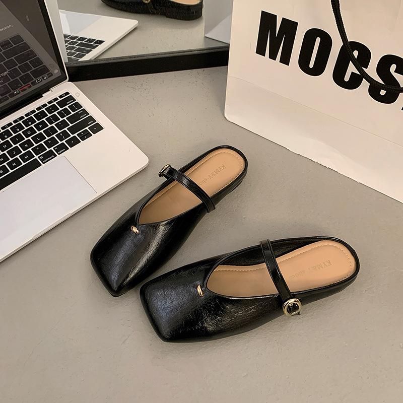 Flat-bottomed Mary Jane Bag Head Half Slippers Women's Outer Wear Spring New Soft-soled Square Head Shoes Sandals