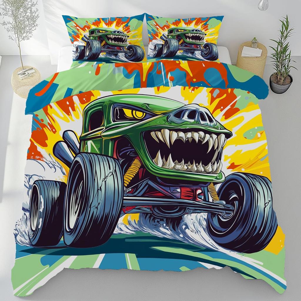 Monster Truck Bedding 135X200 Winter, Boys Car Duvet Cover 2Er Set With Pillowcase 75X50, Soft Microfiber Bedding With Zipper