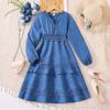 Girls' Lace Trim V-neck Waist-Cinching Long-sleeved Dress for Autumn