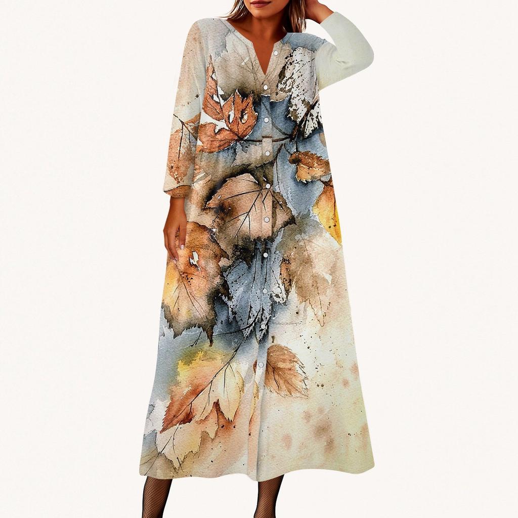 Dámské módní tištěné kulaté sedmiminutové rukávy knoflíkové volné košilové šaty