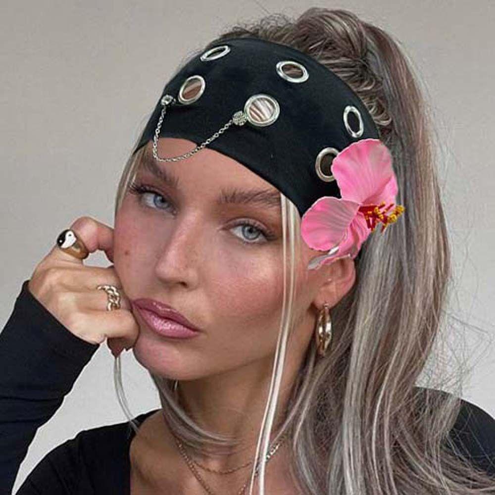 Hollow Out Flower Elastic Headband Hibiscus Rhinestone Chain Headscarf  Girls