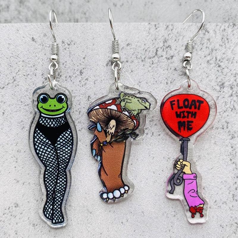 Cute Mushroom Frog Earrings Drop Earrings Acrylic Cartoon Balloon Print Dangle Earrings Ear Dangles Ear Pendant for Girl