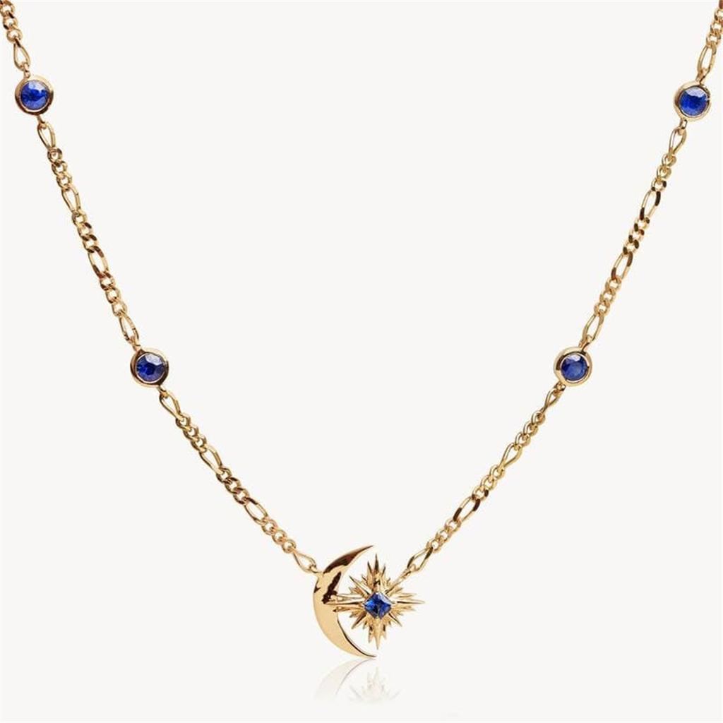 Art Retro Style Star Moon Sapphire Star Burst Necklace Copper Electroplating True Gold Color Preservation