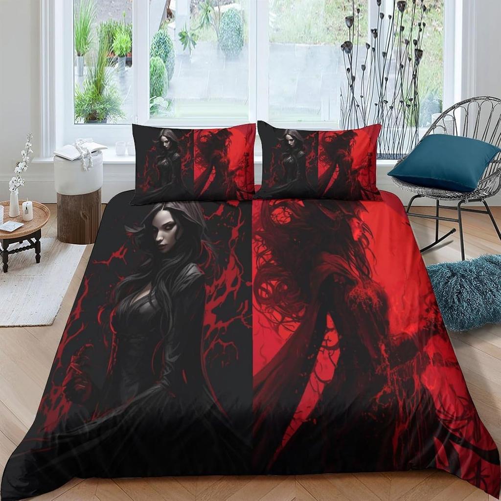 Vampire Girl Microfiber Quilt Cover, 3D Anime Gothic Printed Bedding Set With Zipper Closure For Kids Boys Teen Bedroom Decor