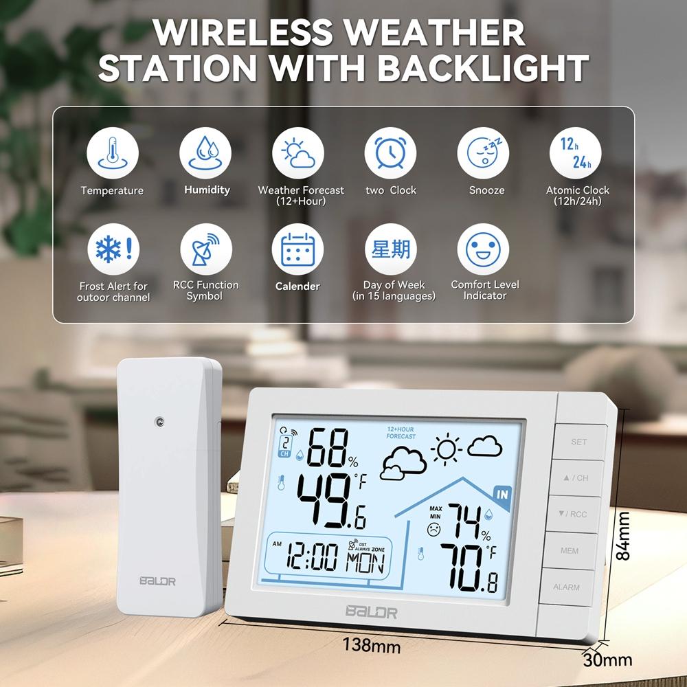 Baldr Wireless Weather Station Digital DCF Wall Table Atomic Alarm Clock Hygrometer Thermometer Frost Alert Forecast Sensor -40C