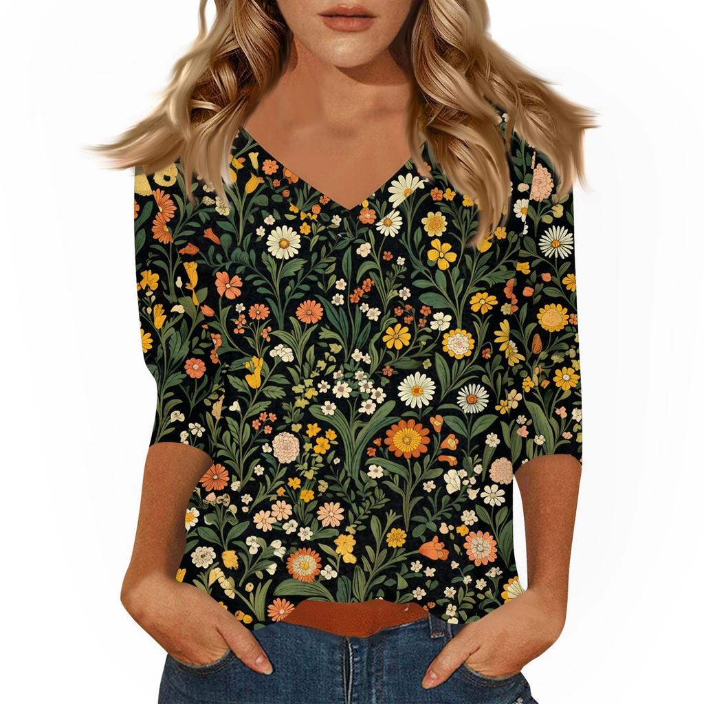 Women's Tops Three-quarter Sleeve Shirt V-neck Loose Casual Shirt Print T-shirt