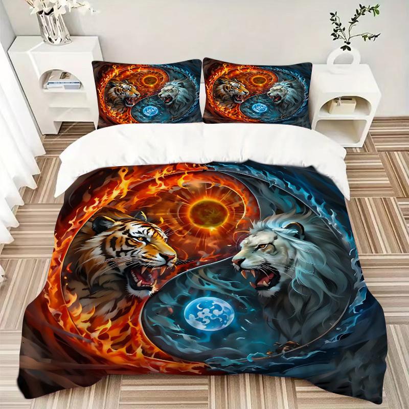 3pcs Tiger Yin Yang of Fire and Ice Bedding Set - Includes 1 Quilt Cover and 2 Pillowcases, Comfortable Bedding with Stylish Design for Bedroom,