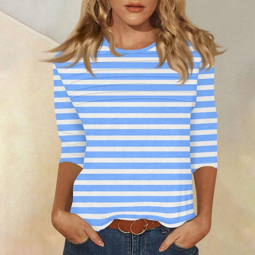 Women's O-neck 3/4 Sleeve Striped  Print Top