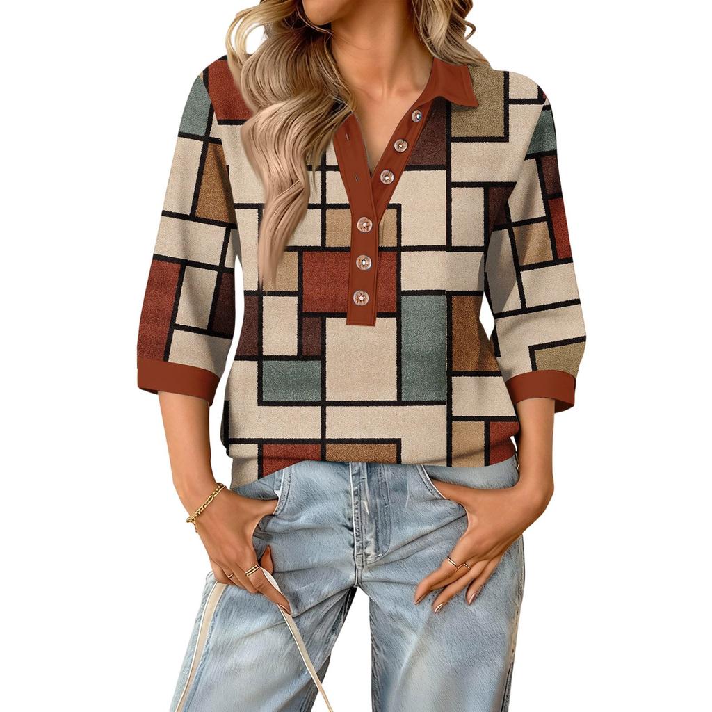 Blusa feminina moda verão casual gola V retalhos manga três quartos estampa xadrez