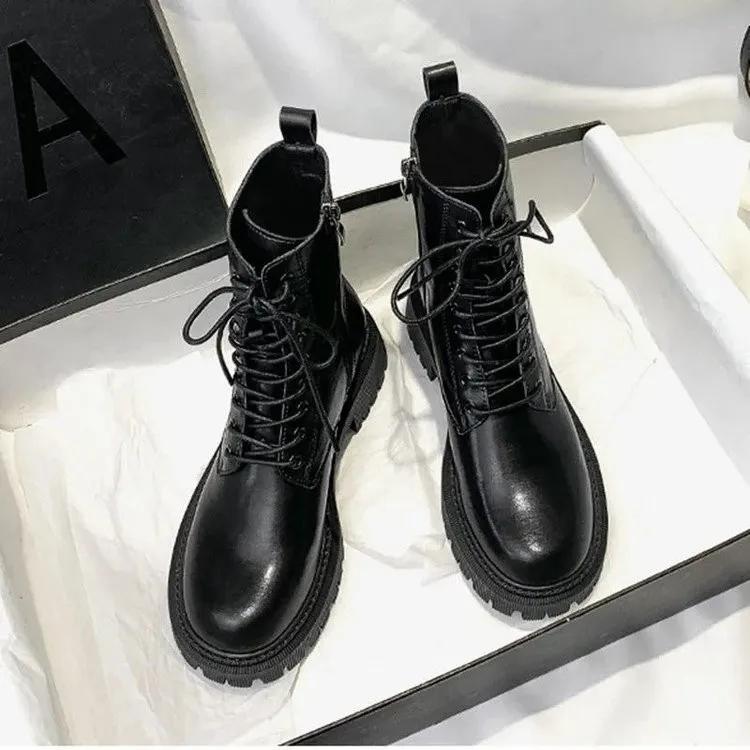 Brown Pu Leather Ankle Boots for Women 2026 Autumn Winter Short Plush Motorcycle Boots Woman Vintage Lace Up Zipper Shoes
