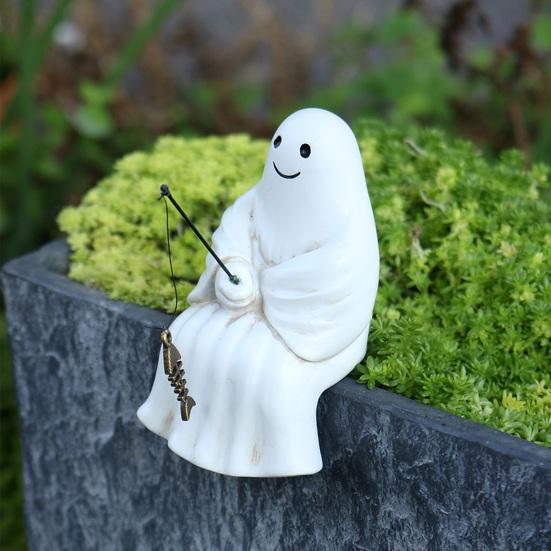 Halloween Skulptur Kunstharz Skelett Fischer Statue Mini Geist Angelteich Gartendekoration