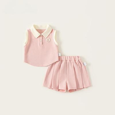 Children's Clothing Girl Set, Children's Lapel Sleeveless Top, Pleated Skirt Pants, Women's Treasure Two-piece Set, Summer Outfit