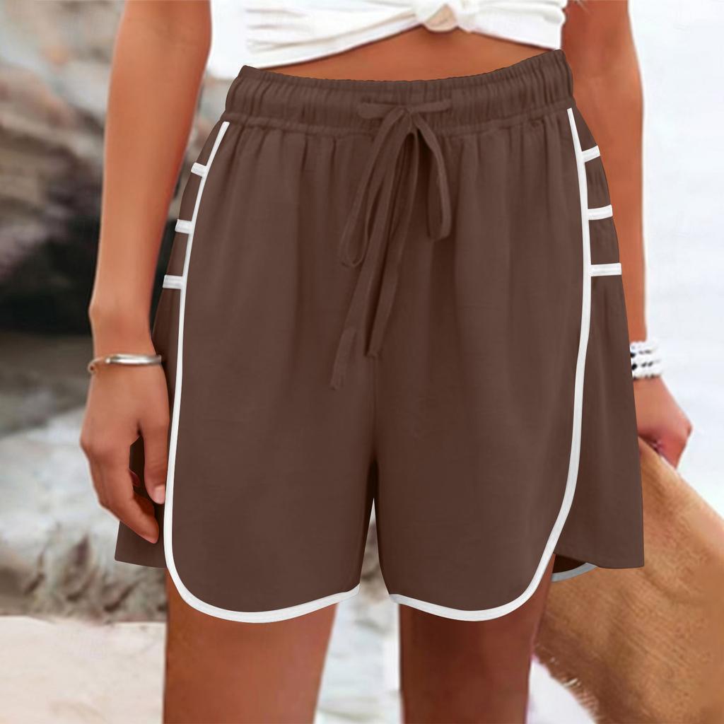 Women's Color Casual And Fashionable Drawstring Pocket Cotton And Linen Shorts