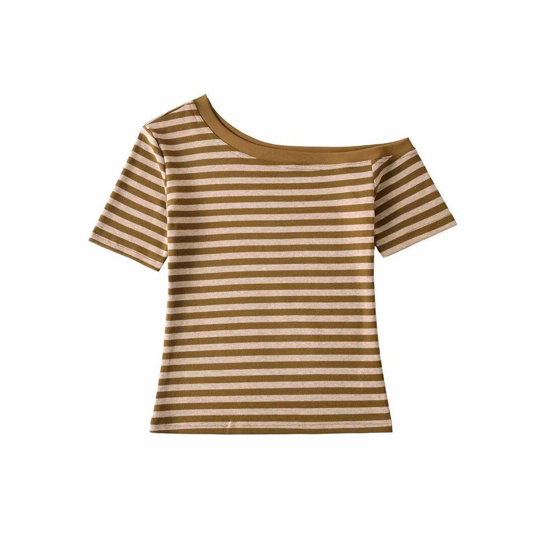 

Asymmetrical One-Shoulder Striped Slim T-Shirt for Women - Spring/Summer 2025 Large коричневый