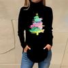 Women's Fashionable Loose-Fit High-Neck T-Shirt With Christmas Print Long-Sleeved Top
