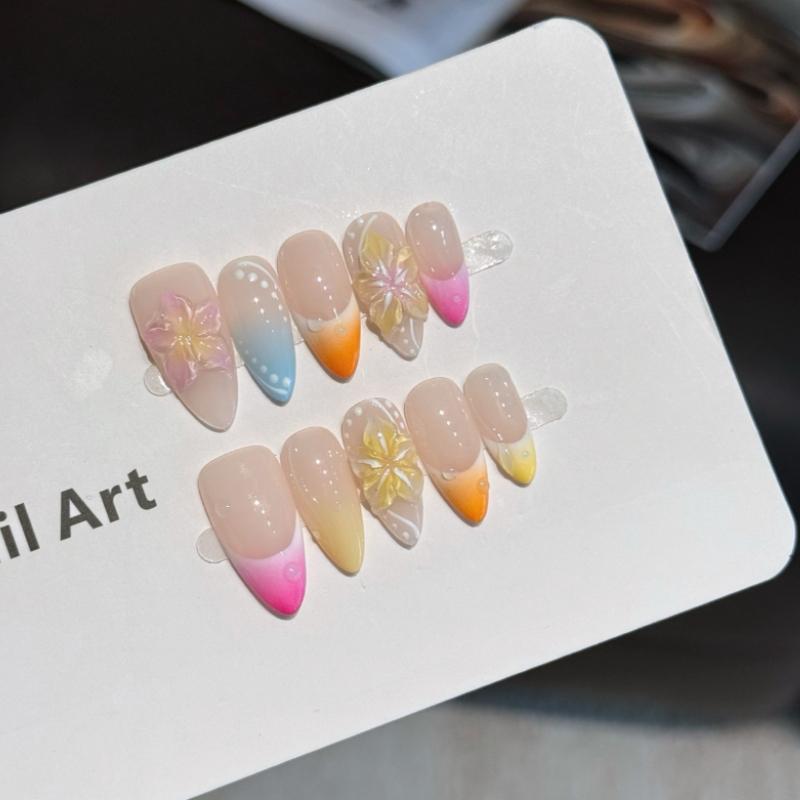 10Pcs Handmade Nude Gradient Fake Nails with Polka Dot & 3D Flower Accents XS