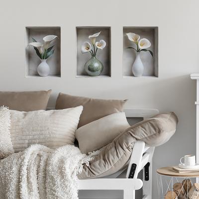 3 Pcs Art Simulation Flowers Vase Bedroom Living Room Home Background Beautification Wall Stickers