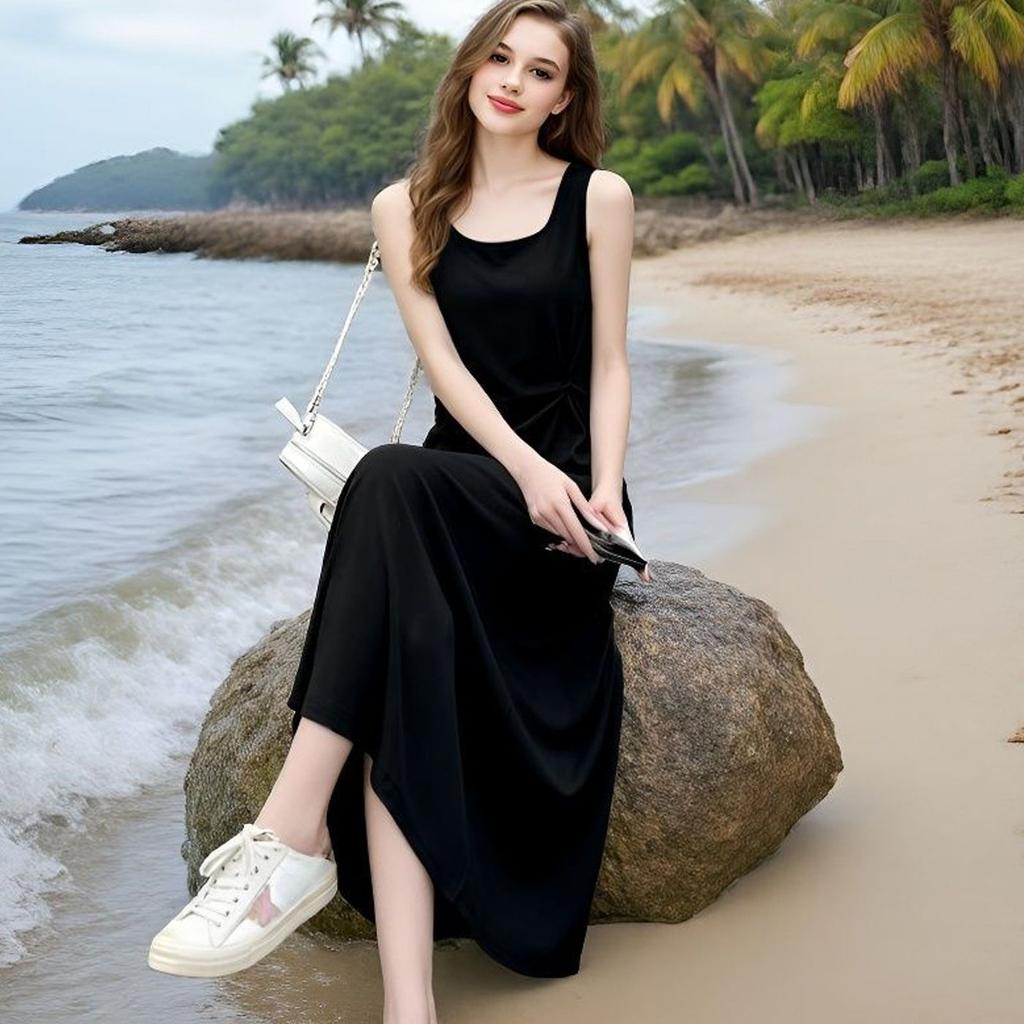 Sleeveless Camisole Dress for Women, New Summer Outerwear, Concealing Flesh, Slimming Knit Base Line, Black A-line Skirt, Plus Size