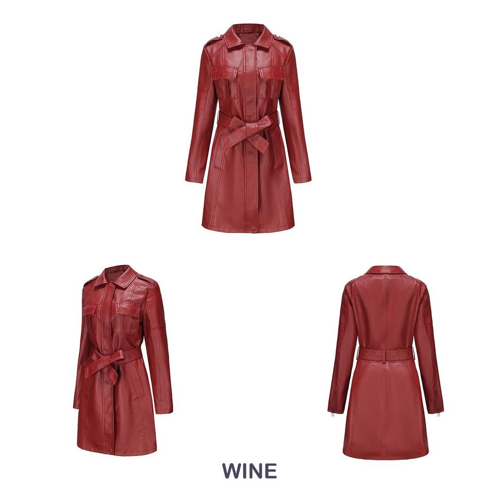 2023 European & American Mid-Length Belted Leather Trench Coat, Long Sleeve, British Style Outerwear for Women