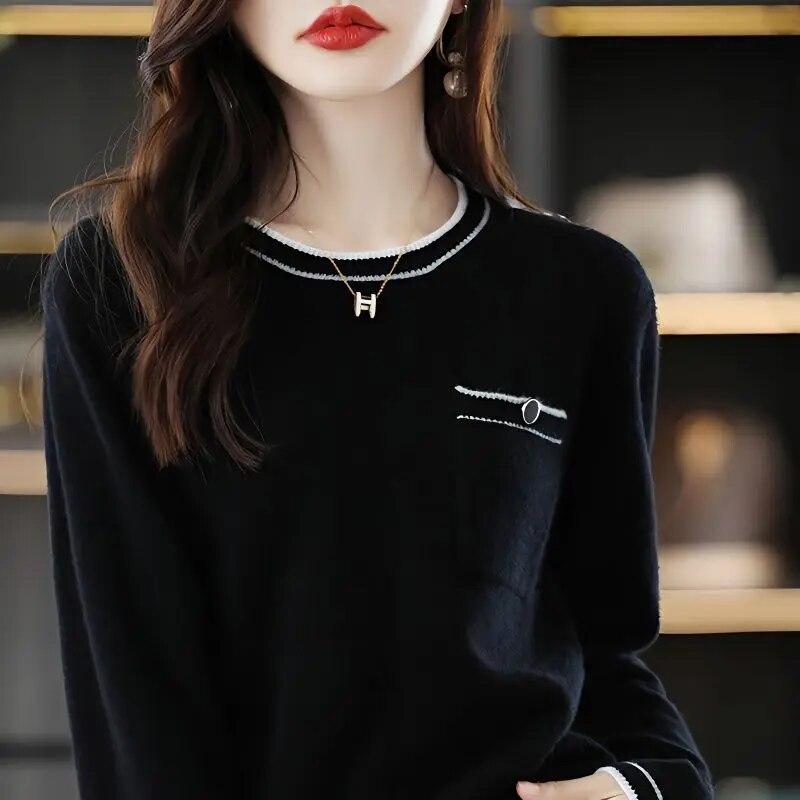 Sweater Pullover Female Spring and Autumn New Loose Colored Collar Round Neck Elegant Wool Knitted Sweater Pullover Female Top