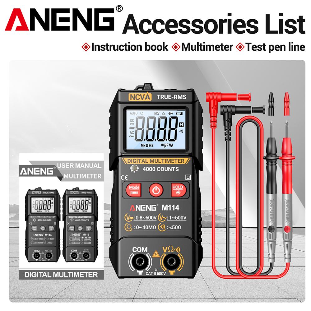 2026 Portable ANENG M114 Digital Multimeter 4000 Counts NCV Non-Contact Voltage Detection Auto Range Flashlight Electrician Tool with Digital Display
